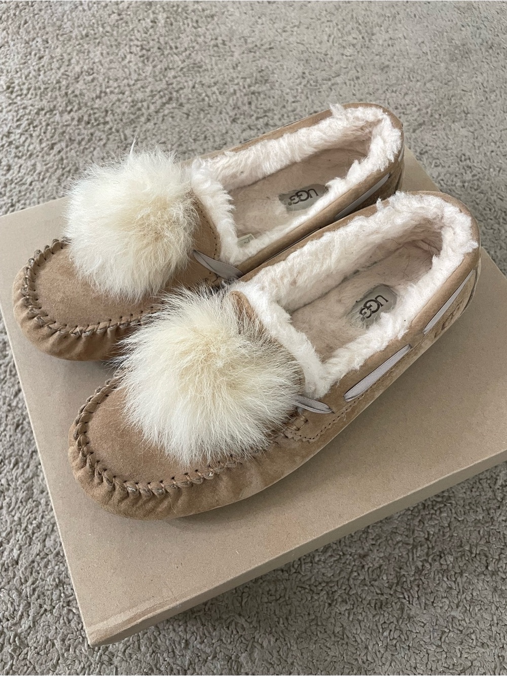 UGG Women's Chestnut Tan Suede Pom-Pom Moccasins